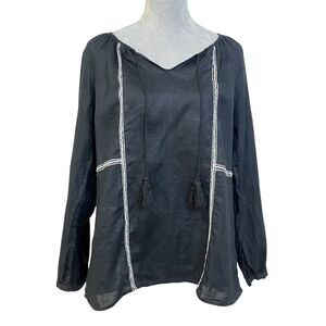St. Tropez Women's 100% Linen Black Embroidered V-Neck Tasseled Blouse L Beachy